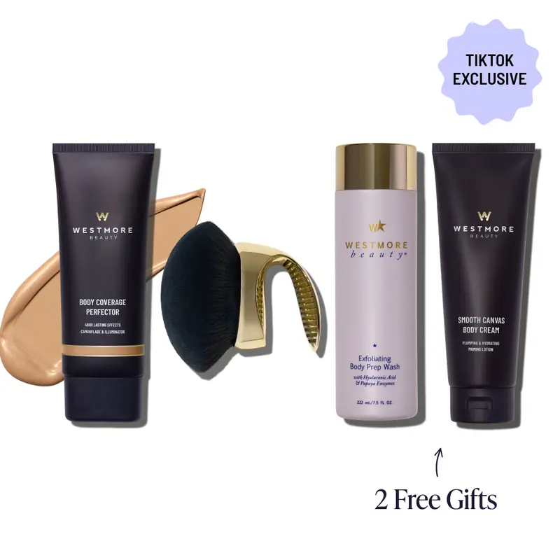 Westmore Beauty Ultimate Body Set | Exfoliating Body Wash, Body Coverage Perfector, X-Large Buffer Brush - Flawless Body Makeup, Concealer for Scars, Spots, Veins, Tattoos and More