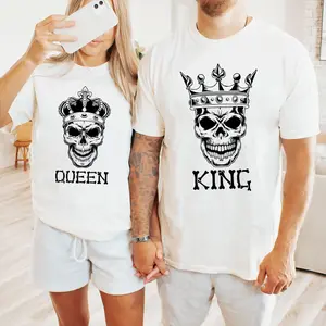 [100% Cotton] King Queen Matching Couple T Shirt Set, Skull Graphic Tee for Husband Wife, Gothic Halloween Couple Shirt, His Hers Romantic Outfit, Trendy King Queen Tshirt, Gift For Couples
