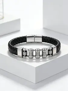 New Street Style Fashion Men's Genuine Leather Bracelet, Bold Motorcycle Chain Design, Trendy Casual Accessory for Men
