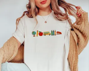 School Day Icons Adult T-shirt - Unisex Crewneck Tee with Globe Pencil Apple School Bus & Supplies Design for Educators - Gift for Teacher