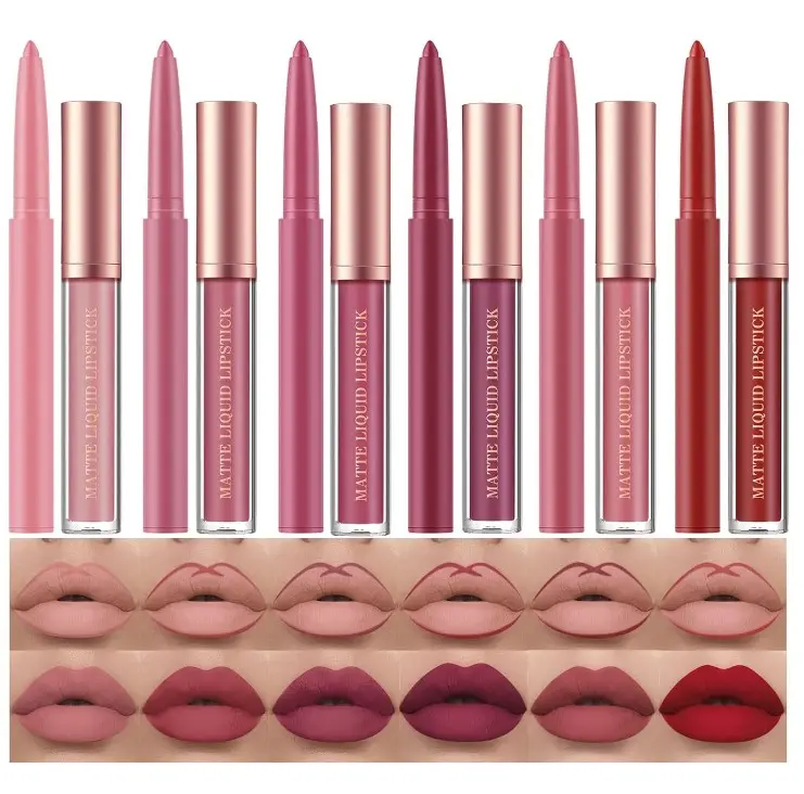 BestLand 12Pcs Matte Liquid Lipstick + Lip Liner Pens Set, One Step Lips Makeup Sets Pigment Velvety Nude Lip Stain Waterproof Long Wear Lip Gloss Make up Gift Set (Set B)