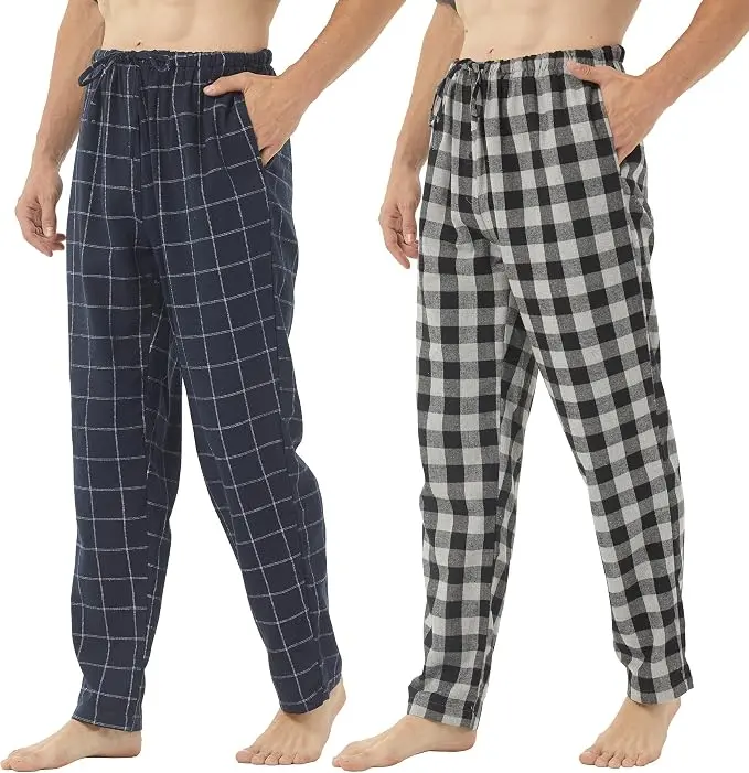2 Pack Mens Pyjama Bottoms Flannel Checkered Lounge Pants All Season Pockets Cotton Rich Plaid PJs Bottoms Soft Brushed Nightwear Sleepwear for Home Button Fly Xmas Gift