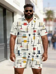 Men's Vintage Colorful Geometric Abstract Waffle Texture Polo Set, Plus Size Zipper Top, Summer Artistic Casual Daily Wear