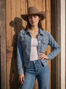 Women's Faux Pearl Decor Denim Jacket, Casual Long Sleeve Button Fly Outerwear for Daily Wear, Ladies Denim Clothing for All Seasons, Coats, Casual Fitted Jacket