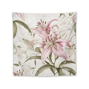 Vintage floral tapestry wall hanging, pink lily flower polyester tapestry for bedroom, living room, dorm decor, aesthetic botanical wall art, soft lightweight decorative tapestry for girls’ room, apartment home, boho farmhouse room decoration gift