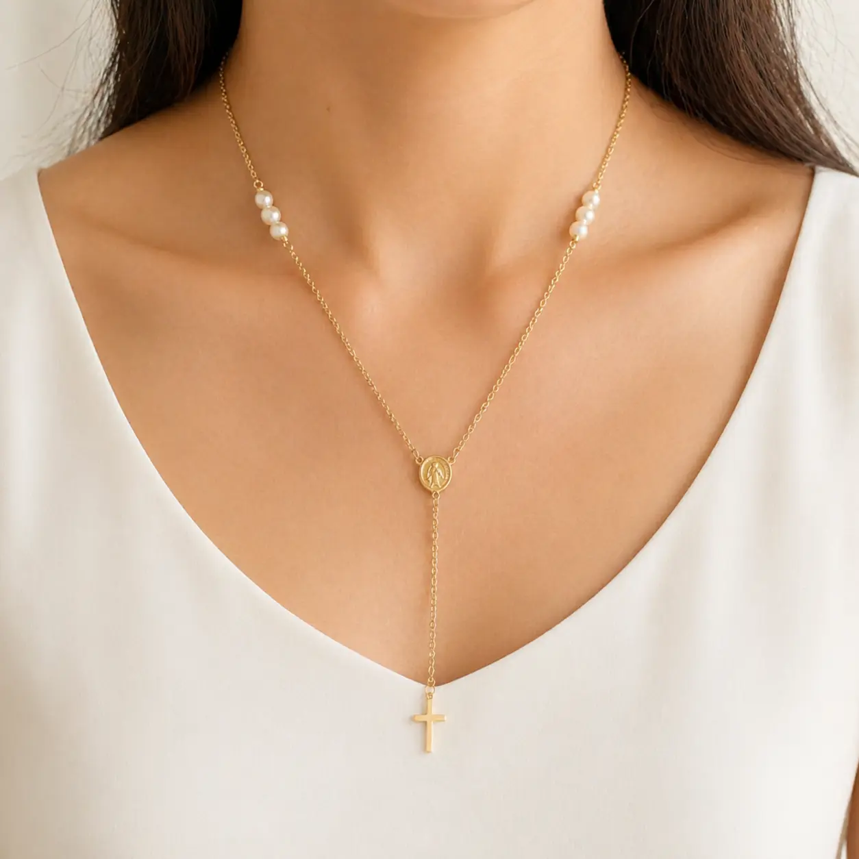 White Beaded Rosary Necklace with Gold Cross Pendant, Religious Jewelry Gift with Pouch