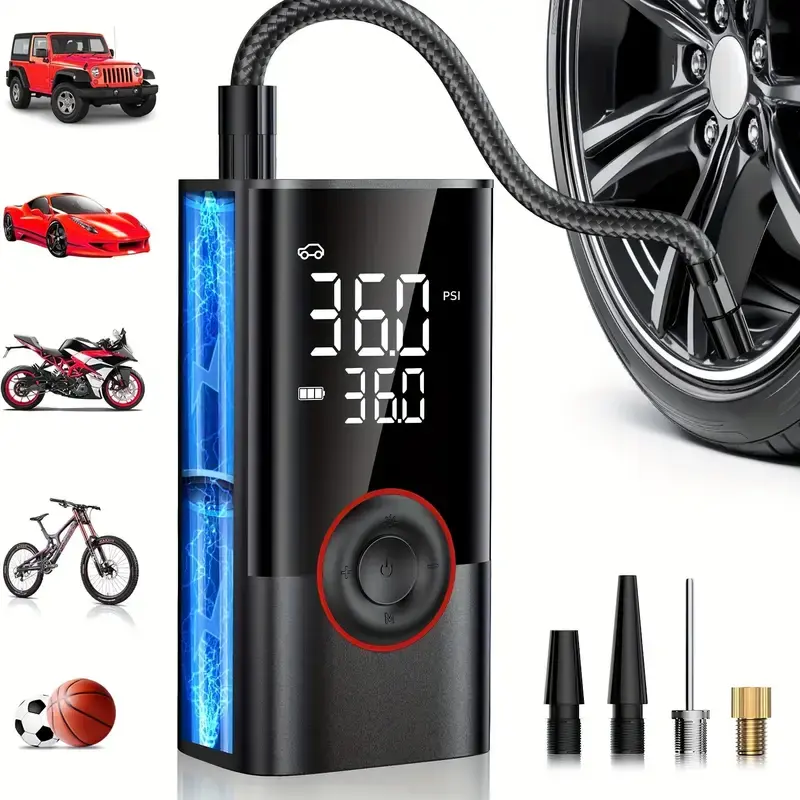 【toolupgrade】Portable Air Compressor Tire Inflator - Portable Cordless Mini Air Pump with Digital Pressure Gauge, 3X Fast Inflation and Auto Shutoff Function, Suitable for inflating Balls, Motorcycle, Bicycle and Car Tires!