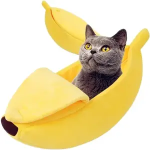 Yellow Banana Cat Bed, Cute Banana Puppy Pad Kennel Warm and Soft Pet Cat Supplies Kitten Puppy Bed, (Small Size 15.7 inches in Length)