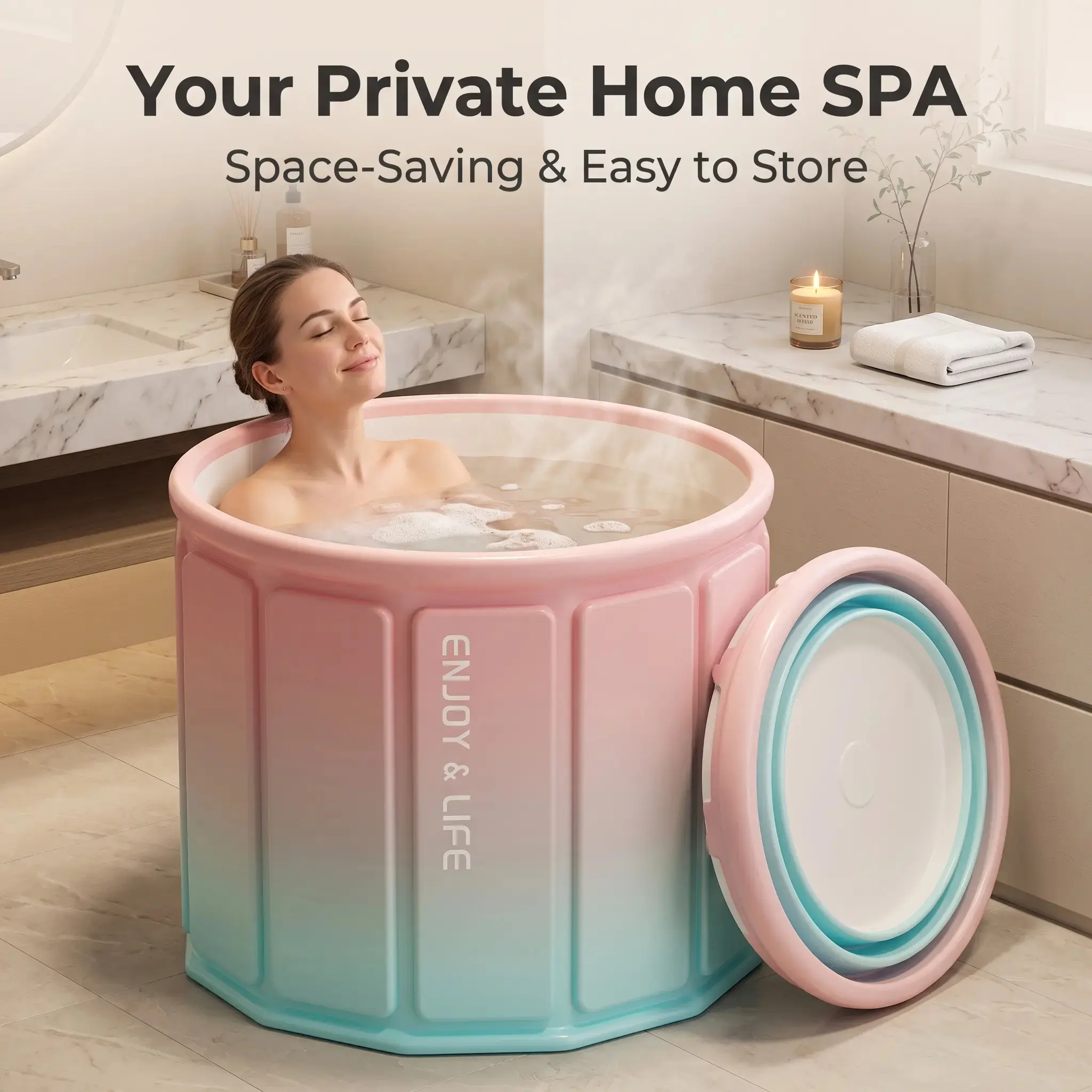 Foldable Bathtub for Adults and Kids, Extra Large Portable Soaking Bath Tub with Stable Support, Pink Gradient Space Saving Collapsible Family Bathing Tub for Apartment