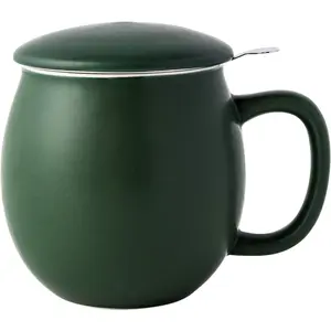 12 OZ Matte Green Ceramics Teacup with Infuser and Lid, Mug with Stainless Steel Infuser for Loose Leaf Tea, Ideal Home Office Gift for Tea Lovers