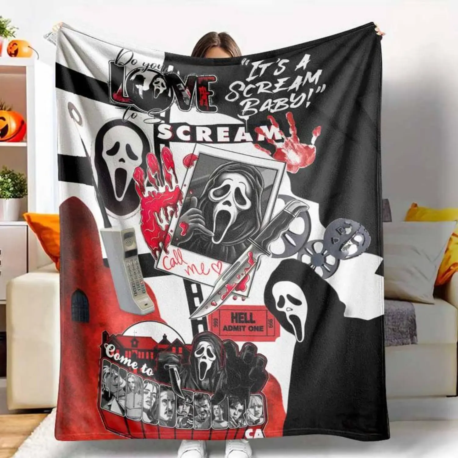 Ghostface Print Flannel Throw Blanket - Scream Movie Inspired, Ultra-Soft, Cozy, Warm, Breathable, Classic, Durable, All Seasons - Ideal for Dorm Room, Movie Nights, Halloween Decor Gifting