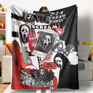 Scream Movie Flannel Blanket, Ghostface Killer Inspired Print, UltraSoft, Cozy and Warm, Perfect as Halloween Decor, Movie Nights, Scary Theme Parties, Dorm Room Essential, or Spooky Gift Idea.