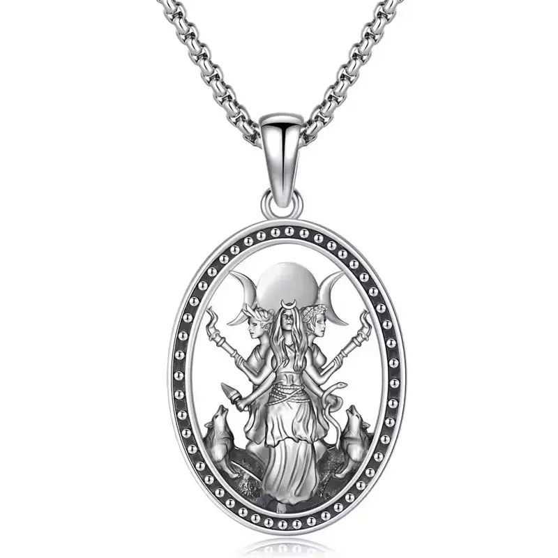 Retro Gothic Hecate Pendant Necklace, a Detailed Mystical Piece with Metal Coating and Chain & Link Design for Adults' Evening Wear, Unique Pendant, No