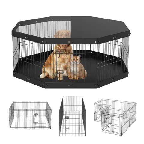 【toolupgrade】VEVOR 24"H Steel Foldable Dog Exercise Pen Enclosure - 8 Panels, Mesh Top Cover, Bottom Pad, Tool-Free Folding, Waterproof Escape Proof Kennel, 63" Play Circle, 1 Carabiner Lock, 16 Tension Straps, Floor/Wood Protection for Small Pets - Indoo