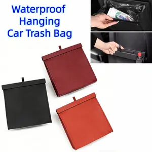 Universal Waterproof Hanging Car Trash Bag,Foldable Magnetic Garbage Can for Front Back Seat,Rubbish Bag Storage Pocket with Leather  Handle
