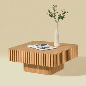 35.43 Inch Square Modern Coffee Table, Wood Veneer Tabletop with Solid Wood Relief Edge, Sturdy MDF Pedestal Base Compact Multifunctional Accent Table Easy Assembly for Living Room Bedroom Home Decor