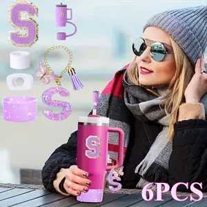 6PCS Cup Accessories Set for Cup 30oz 40oz Tumbler with Handle, Including Silicone Straw Topper Cover Cap and Boot, Spill Proof Stopper, Handle Charm, Initials Sticker (Letter S)