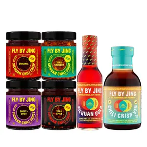 Fly By Jing Ultimate Hot Sauce Gift Box – Set of 6 with Sichuan Chili Crisp, Xtra Spicy, Sweet & Spicy, Xtra Crunchy, Chili Crisp Vinaigrette and Sichuan Gold Hot Sauce, Vegan & Non-GMO