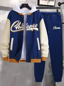 Manfinity Sporsity Men Letter Graphic Colorblock Drop Shoulder Varsity Jacket & Sweatpants Without Hoodie