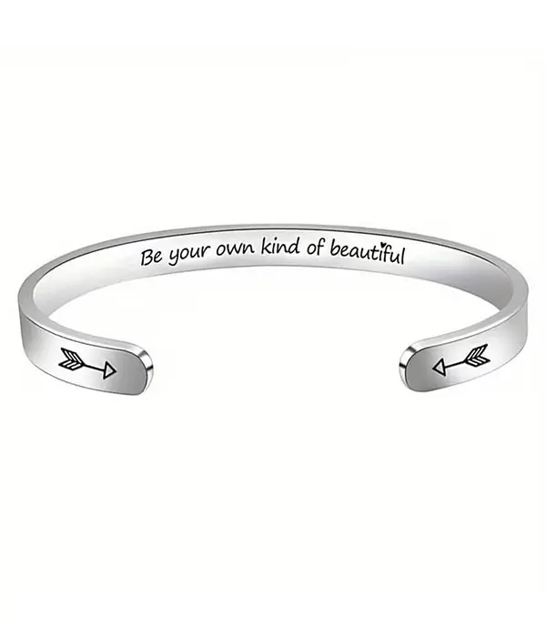 Be Your Own Kind Of Beautiful Bangle - Inspirational Silver Cuff Bracelet with Arrow Design for Women