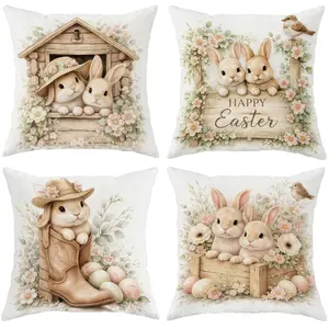 4pcs, Easter Throw Pillow Covers, Easter Bunny Floral Pattern Decorative, Home Décor Products, Suitable Decoration for Couch Sofa, Room Decor and Bedroom Decor, Suitable for Spring Decoration, Single Sided Printing, No Pillow Core