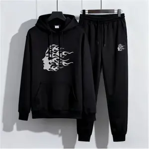 Men's casual suit "Flame avatar trendy" dark hooded sweatshirt suit men's street style sports two-piece suit flame face print hooded sweatshirt + leggings trendy casual suit Menswear Sweatshirts fashion zipper hoodie set autumn series sportswear indoor ou