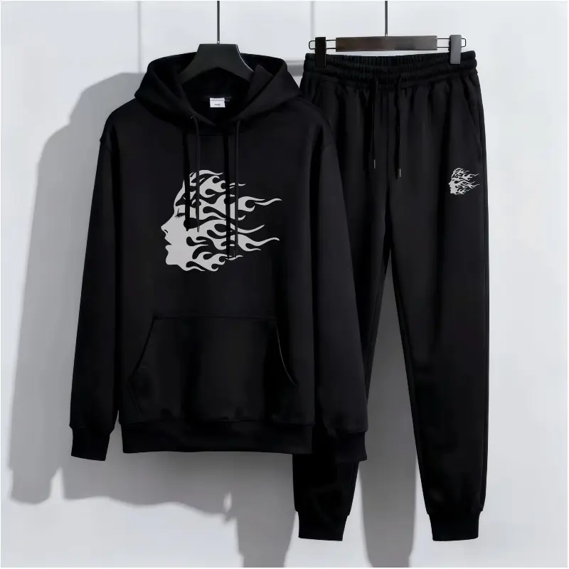 Men's casual suit "Flame avatar trendy" dark hooded sweatshirt suit men's street style sports two-piece suit flame face print hooded sweatshirt + leggings trendy casual suit Menswear Sweatshirts fashion zipper hoodie set autumn series sportswear indoor ou