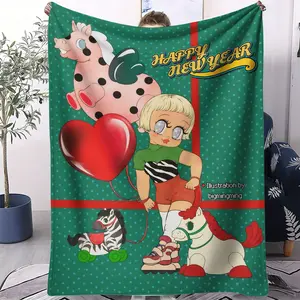Vintage Cartoon Printing Facecloth Blanket, Retro Children'S Style New Year'S Theme Blanket, Soft and Cozy, Suitable For All Seasons