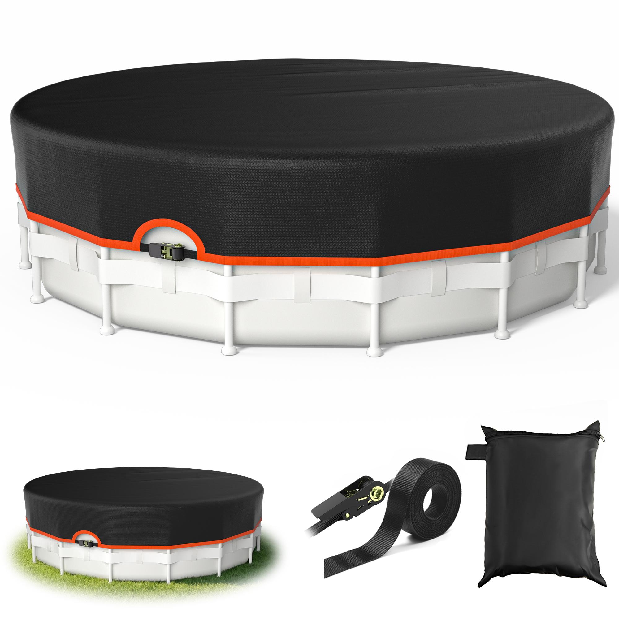 Round above-ground pool cover for shading pool equipment and protecting heaters, equipped with heavy-duty mechanical buckles and straps for secure fastening, solar waterproof design, keeps out debris to maintain clear water, rainproof and durable cover.