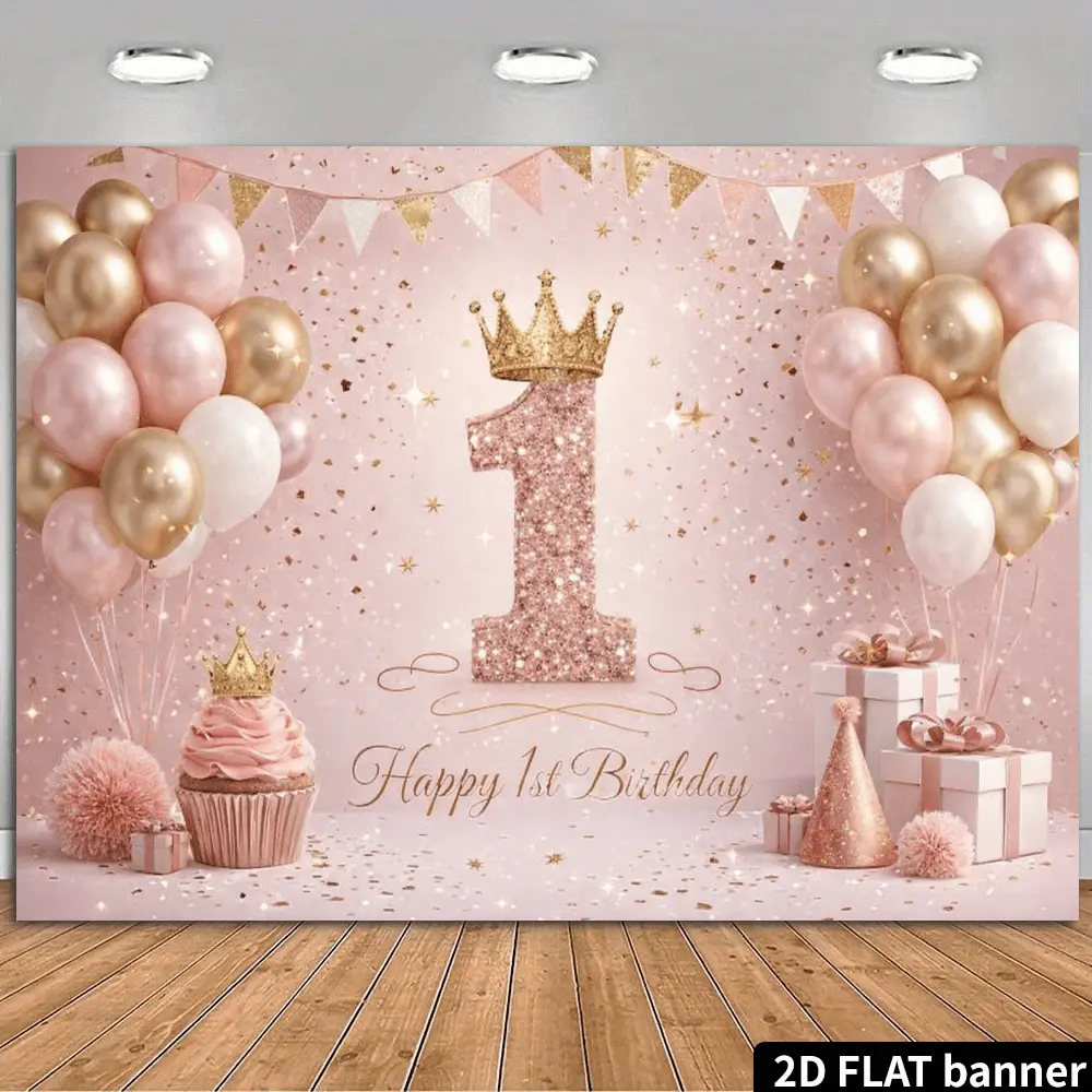 2D Flat Polyester Photography Backdrop Banner - HD Digitally Glitter Print Pink & Rose Gold 1st Birthday Theme Decor Cloth, Soft, Lightweight, Foldable, Machine Washable Festive Supply