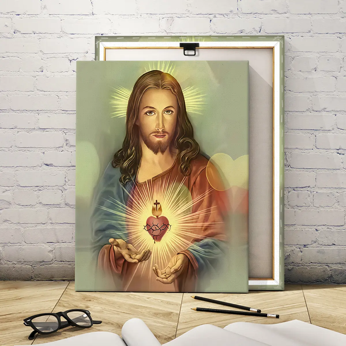 Wooden Frame Canvas Print Poster, Sacred Heart Jesus Image, Vintage Religious Decor, Modern Art Living Room, Fashion Bedroom, Wall Decoration, Modern Home Decor