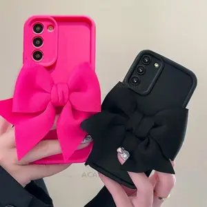 US-CASE - S 21 22 23 24 Cute 3D Bow Silicone Case On For Samsung Galaxy S23 S21 Fe S22 S24 Plus Ultra Rose Red Girl Gift Soft Cover S23fe