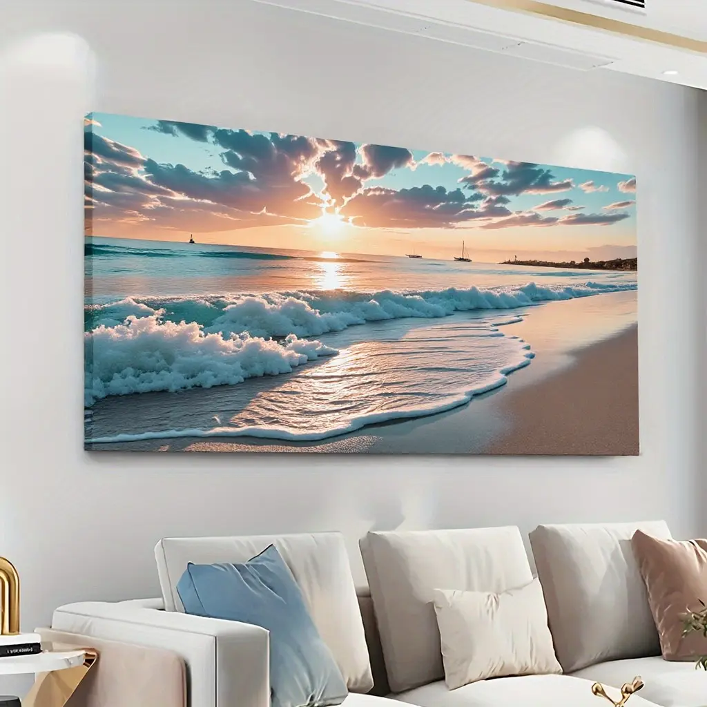 Coastal Wrapped Canvas Wall Art, Vibrant Sunset Beach Print - Ready to Hang Modern Home Decor for Living Room or Bedroom, 20x40cm, Artistic, Wooden Wall Art, Decoration Items, Gift, Mediterranean, Landscape, Victorian