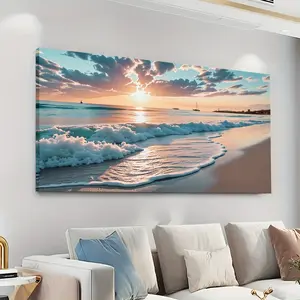 Large Canvas Wall Art Vibrant Sunset Beach Scene with Blue Waves Ocean View Framed Ready to Hang Coastal Decor 08X16 20Cmx40Cm Wood Frame Ink Artistic Landscape Print for Living Room Bedroom Office Home Decor Decoration Items