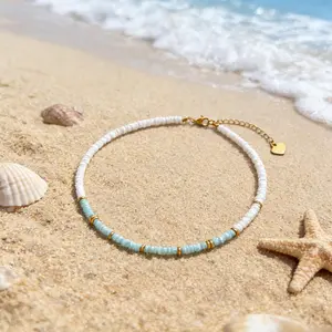 Women's Puka Shell Necklace, Boho Beaded Necklace, Smooth Shell Necklace, Surf-Style Beaded Choker, Handmade Beach Jewelry, Bohemian-Style Women's Jewelry, Summer Beach Surf-Style Jewelry, Spring Fashion Birthday Gifts for GF