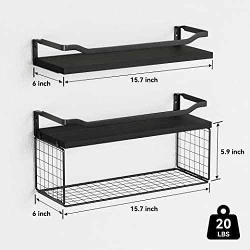 Floating Shelves with Wire Storage Basket - Bathroom Shelves Over Toilet with Protective Metal Guardrail, Wood Wall Shelves for Bathroom, Bedroom, Living Room - Black