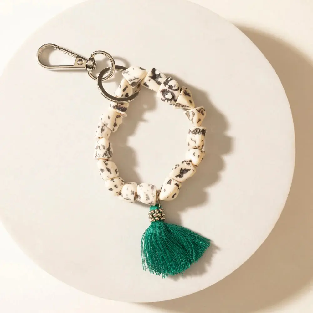 Myra Western Tassel Bead Keychain - Green Cotton, Speckled Resin Animal Print Bag Charm, Durable Lightweight Everyday Rustic Accessory for Women's Purses, Car Keys, Bead Keychains, Edc Gear, 2.5 Inches Depth, Depth: 2.5, Polyresin, Silver