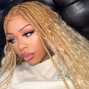 Valentine Musts #T274/614 36 Inches Full Lace Premium Synthetic Fiber Bohemian Box Braided Wigs Knotless SuperNova Hair Ash Blonde Wig DM to Pre-cut Lace