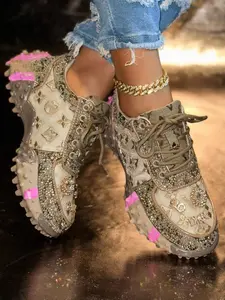 Women's New Rhinestone Mesh Lotus Base Casual Shoes, Luxury Style Fashion Versatile Dad Sneakers, All Seasons PU Leather Rubber Sole