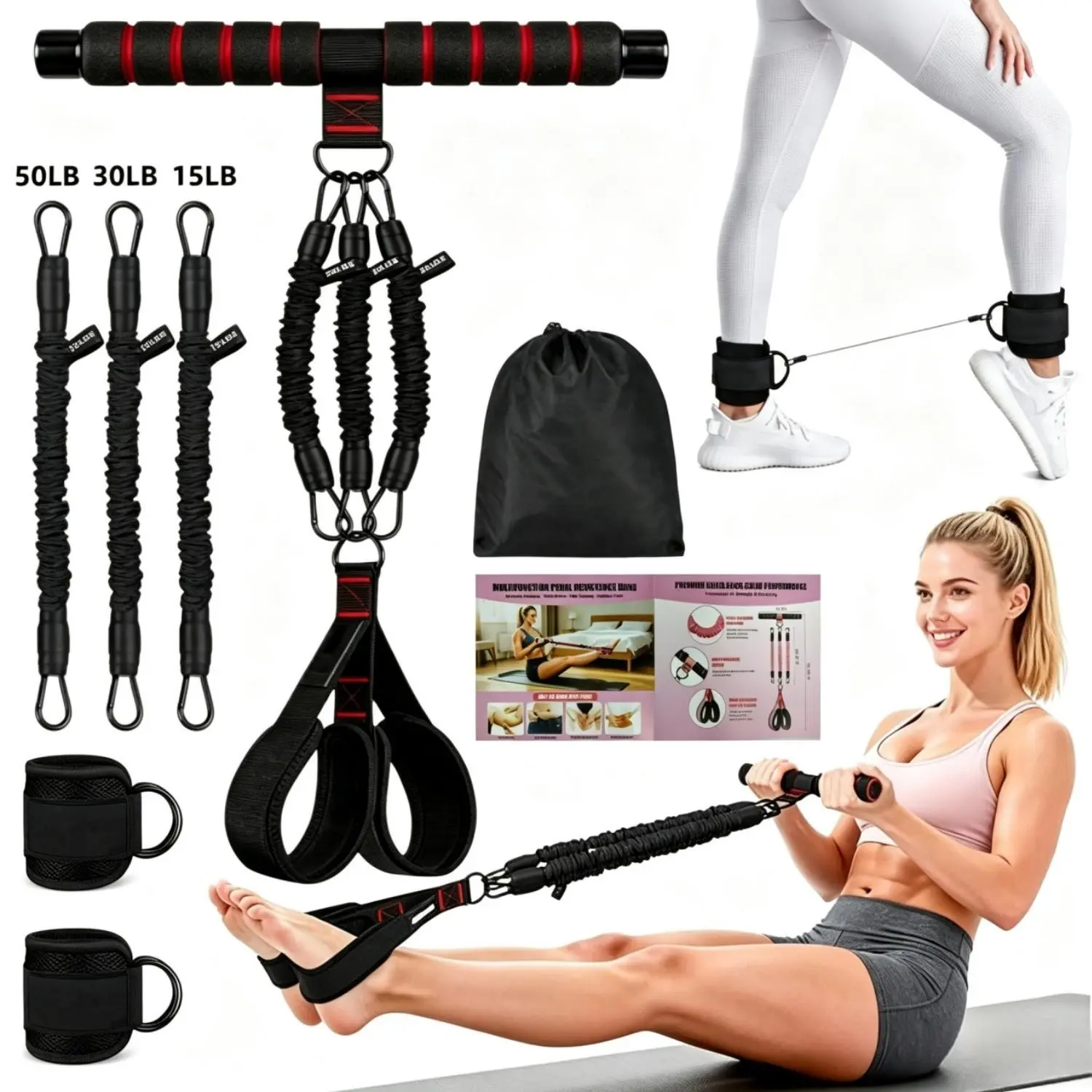 resistance bands，Pedal Resistance Band Set | Stackable 15/30/50LB Anti-Snap Workout Tubes with Foam Handle, Ankle Straps, Door Anchor & Storage Bag, Full Body Home Gym Equipment for Glute Leg Abs Yoga Fitness Training for Beginners Men Women