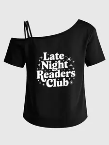 Late Night Readers Club Retro Bubble Outline Font Graphic Crop Top, Star Accent Book Lover Double Strap Asymmetrical Cold Shoulder Short Sleeve Tee, Bookish Casual Daily Outfit Top For Bookworms
