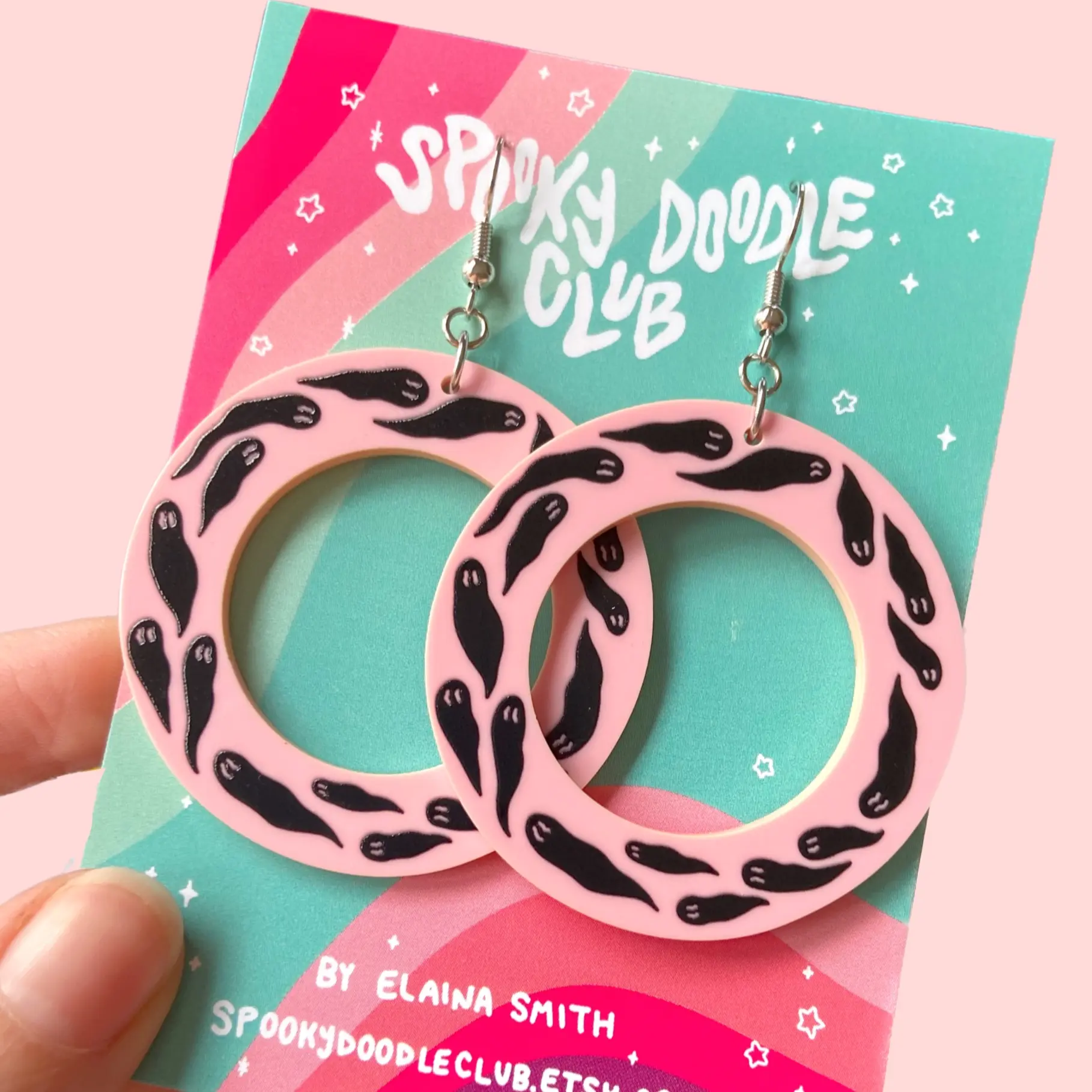 Pink Ghost Hoop Earrings - Spooky Cute Ghoul Dangle Earrings by Spooky Doodle Club