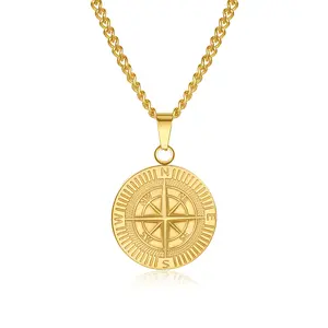 Compass Necklace for Men Stainless Steel Adventure Pendant Jewelry Hip Hop Jewelry Gift Compass Amulet Round Charm Jewelry Chain Protection Necklace for Mens Women Navigator Design Gift for Outdoor Lovers