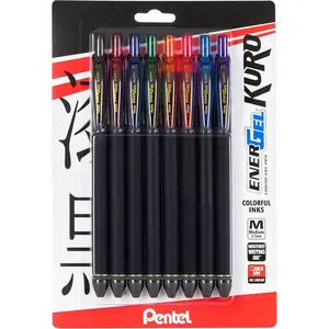 EnerGel Kuro Liquid Gel Pen - 0.7mm Medium Line, Assorted Ink, Metal Tip, Built-In Molded Comfortable Grip, All Seasons Use, Default Style, Pack of 8 (BL437R1BP8M)