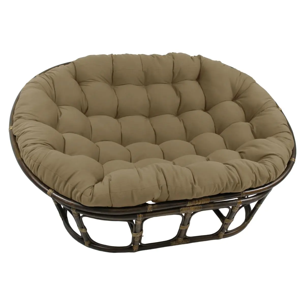 212 MAIN Bohemian Patio Rattan Double Seater Round Papasan Chair - Rattan Frame, 63x45 in. Tufted Toffee Brown Twill Cushion, Garden Furniture Sets