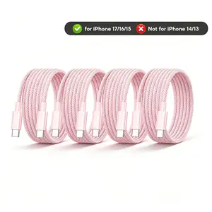 [Set of 2/4/6] 65W iPhone 17 Pink Braided Data Cable, USB-C to USB-C Charging Cable, Type-C to Type-C Fast Charging Cable, Compatible for iPhone 17/16/15/15 Pro/15 Pro Max/15 Plus/iPad Pro/Air5/MacBook/Samsung S26/S25/S24 Ultra