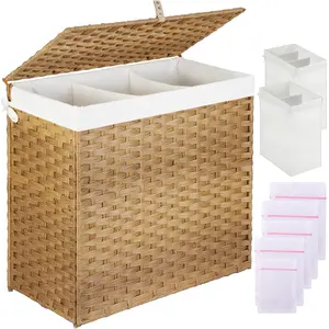 Laundry Hamper with Lid, 125L Large Clothes Hamper with 3 Section & 2 Section Removable Liner Bags & 5 Mesh Laundry Bags, Handwoven Synthetic Rattan Divided Laundry Basket, Natural
