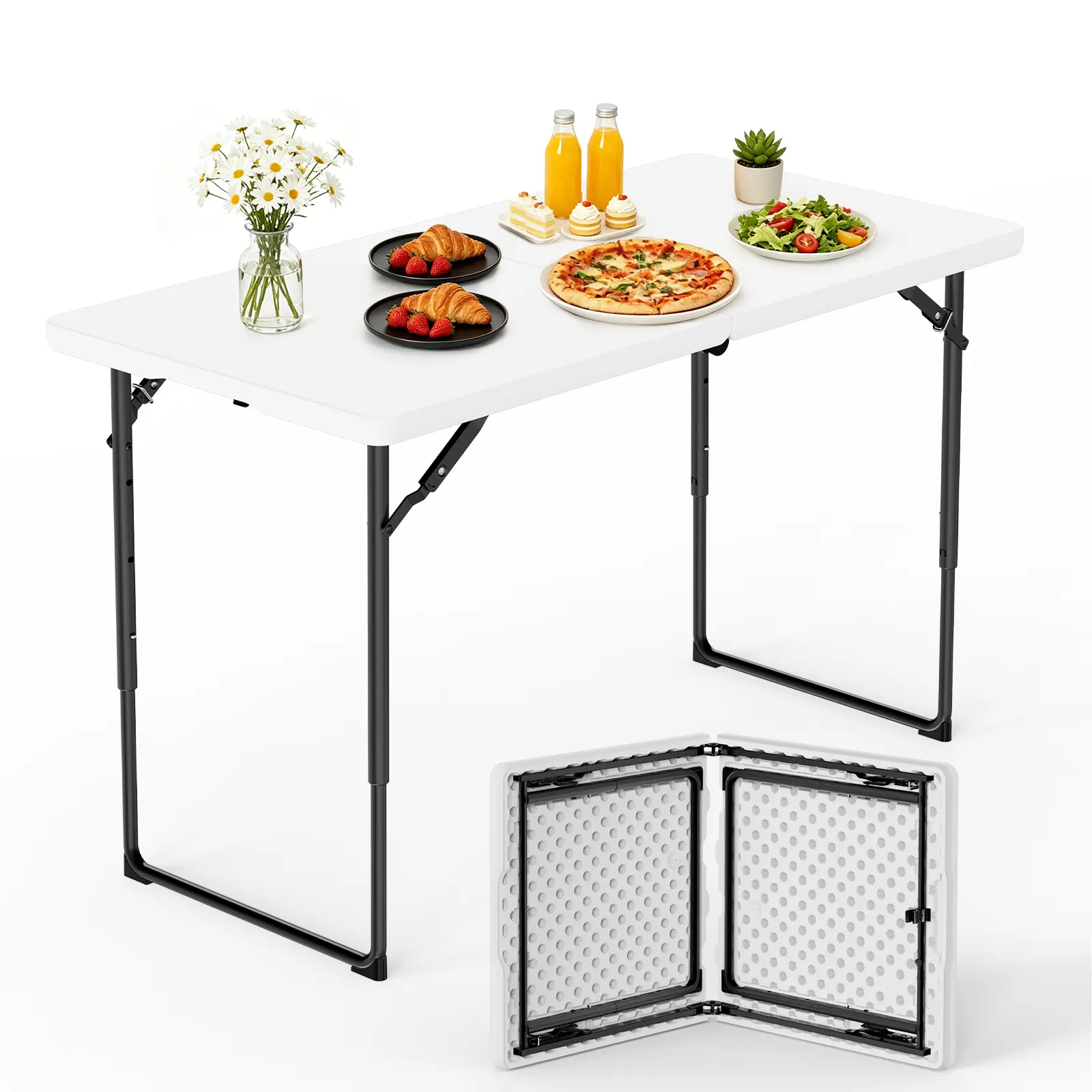 FURNIEDGE 4FT Rectangular Heavy-Duty Plastic Folding Table with Handle, Half-Fold Portable Utility Table for Outdoor Events, Indoor Dining (White/Khaki/Brown)
