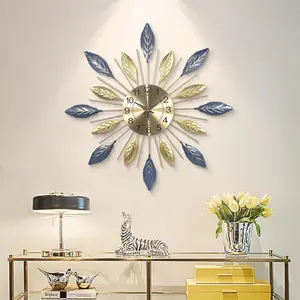 Wall Clock Large for Living Room Decorative 24 inch Clocks Silent Non Ticking Modern Metal Leaf Design for Bedroom Home,Dining Room,Kitchen 3D Wall Clock 60cm Blue Gold Color