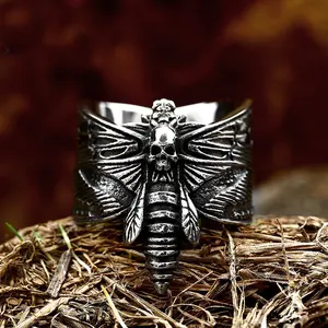 GTHIC Vintage Stainless Steel Skull Ring Death Head Moth Ring for Men Valentine's Day Birthday Gifts